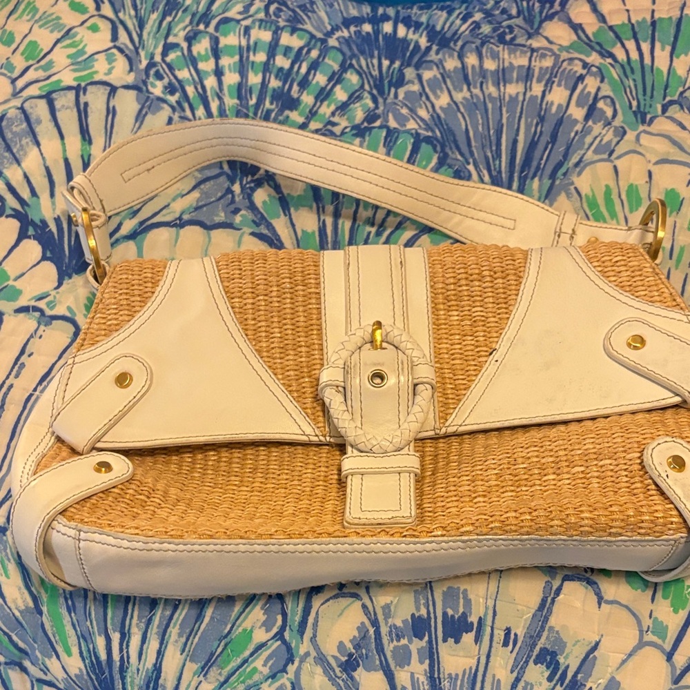 Perlina White and Natural Woven Shoulder Bag